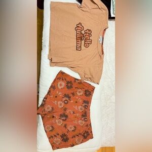 Graphic Tee and Floral Shorts Pajamas Set